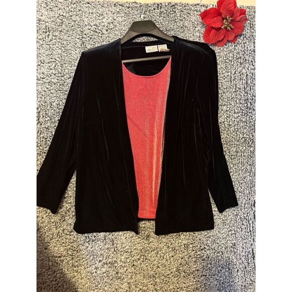 Kathie Lee Women's Plus Size 20 Velvet Cardigan & Tank Set Black/Red - Picture 7 of 12